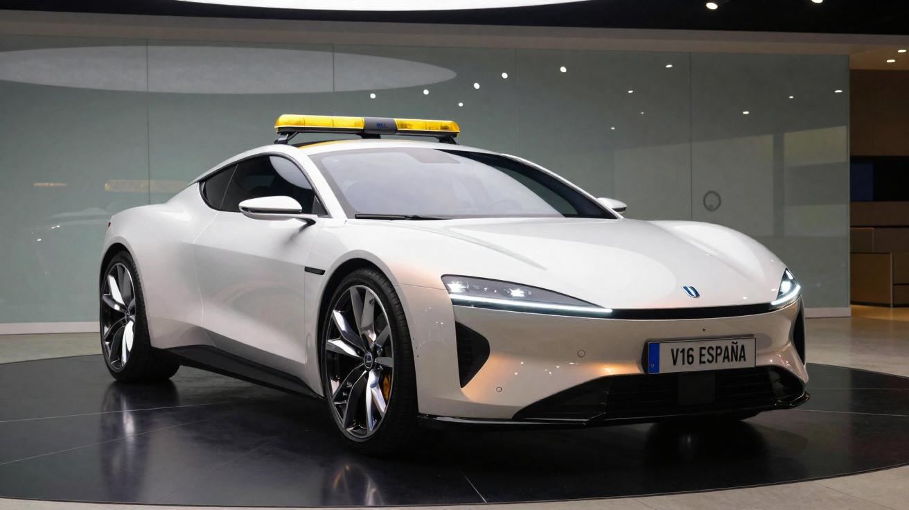 Carro esportivo branco com luzes de advertência amarelas no teto em exposição interna.