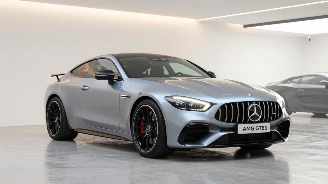 Carro esportivo Mercedes AMG GT63 prata em showroom com iluminação branca e outra versão estacionada ao fundo.