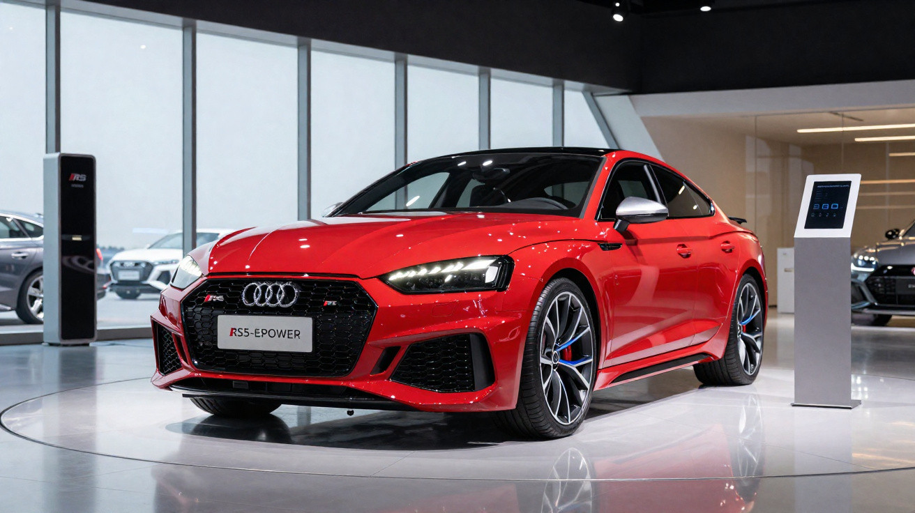 Carro esportivo Audi RS5 vermelho exibido em showroom moderno com piso espelhado e iluminação natural.