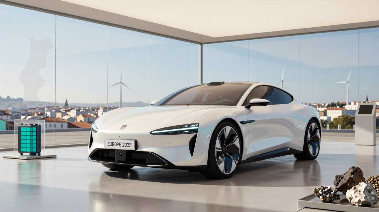 Carro elétrico esportivo branco em exposição interna com grandes janelas e turbinas eólicas ao fundo.