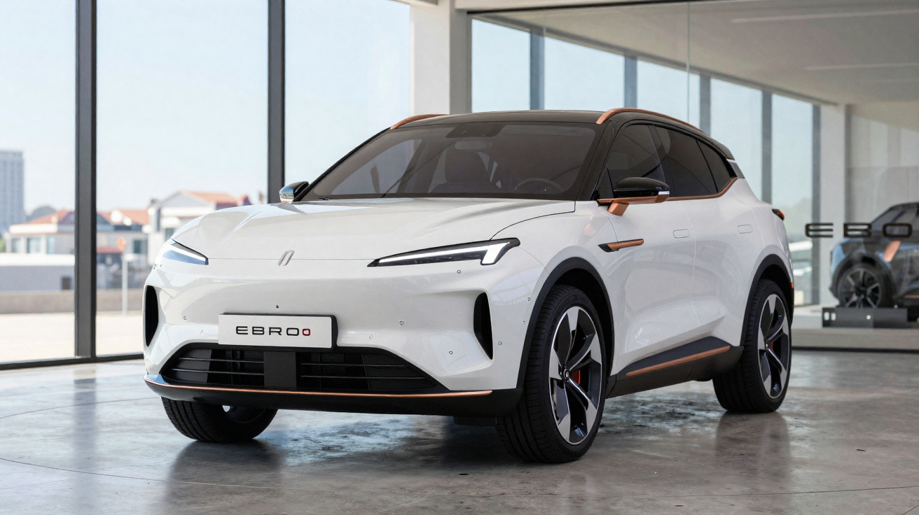 Carro elétrico branco EBRO 0 em exposição dentro de showroom moderno com grandes janelas.