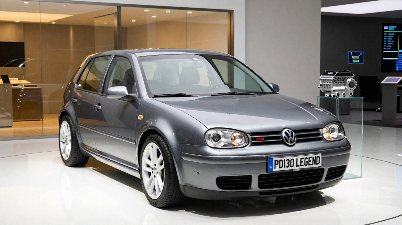 Carro Volkswagen Golf cinza estacionado em salão moderno com motor exposto ao lado.
