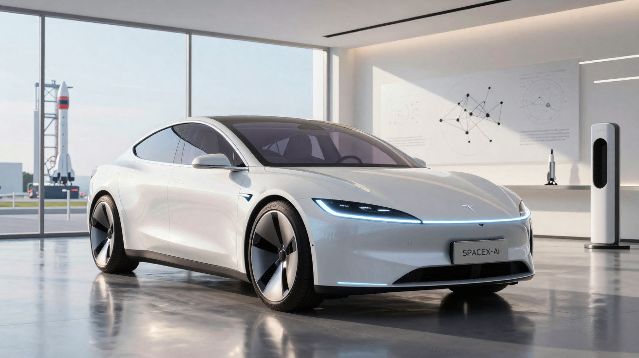 Carro elétrico branco futurista da Tesla em showroom com janela que mostra foguete SpaceX ao fundo.
