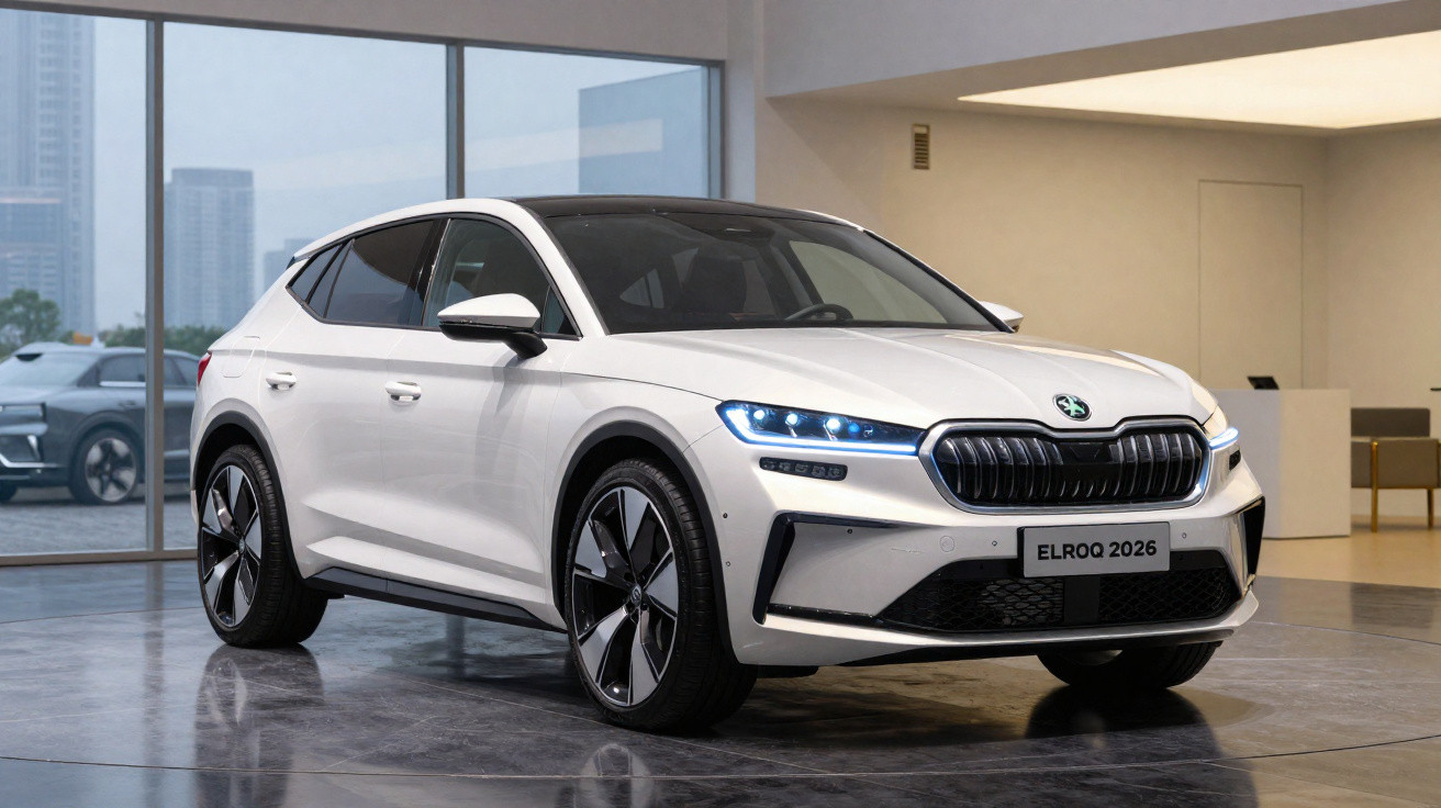 Carro elétrico branco Škoda Elroq 2026 exibido em sala moderna com piso brilhante e janelas panorâmicas.