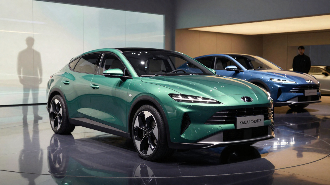 Dois carros modernos expostos em salão, destacando modelo SUV verde com design aerodinâmico.
