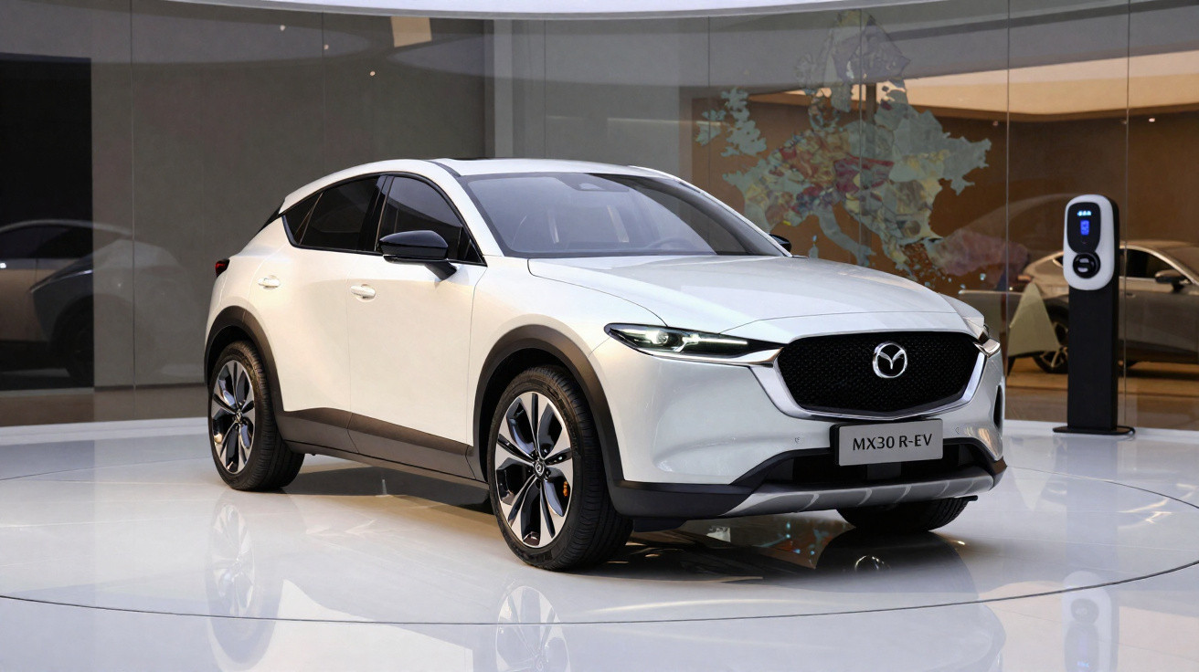 Carro elétrico branco Mazda MX-30 R-EV em exposição com estação de recarga ao fundo.