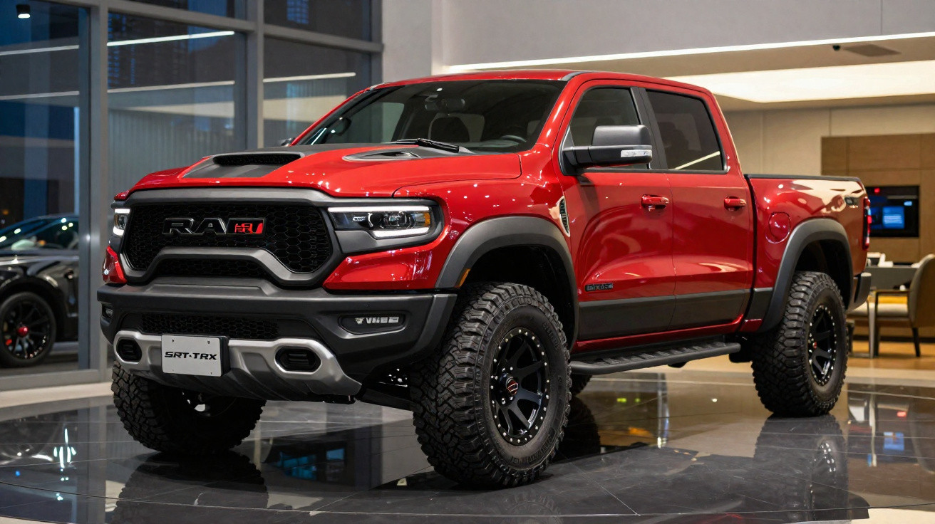 Picape RAM SRT TRX vermelha exibida em salão de automóveis com pneus robustos e detalhes pretos.