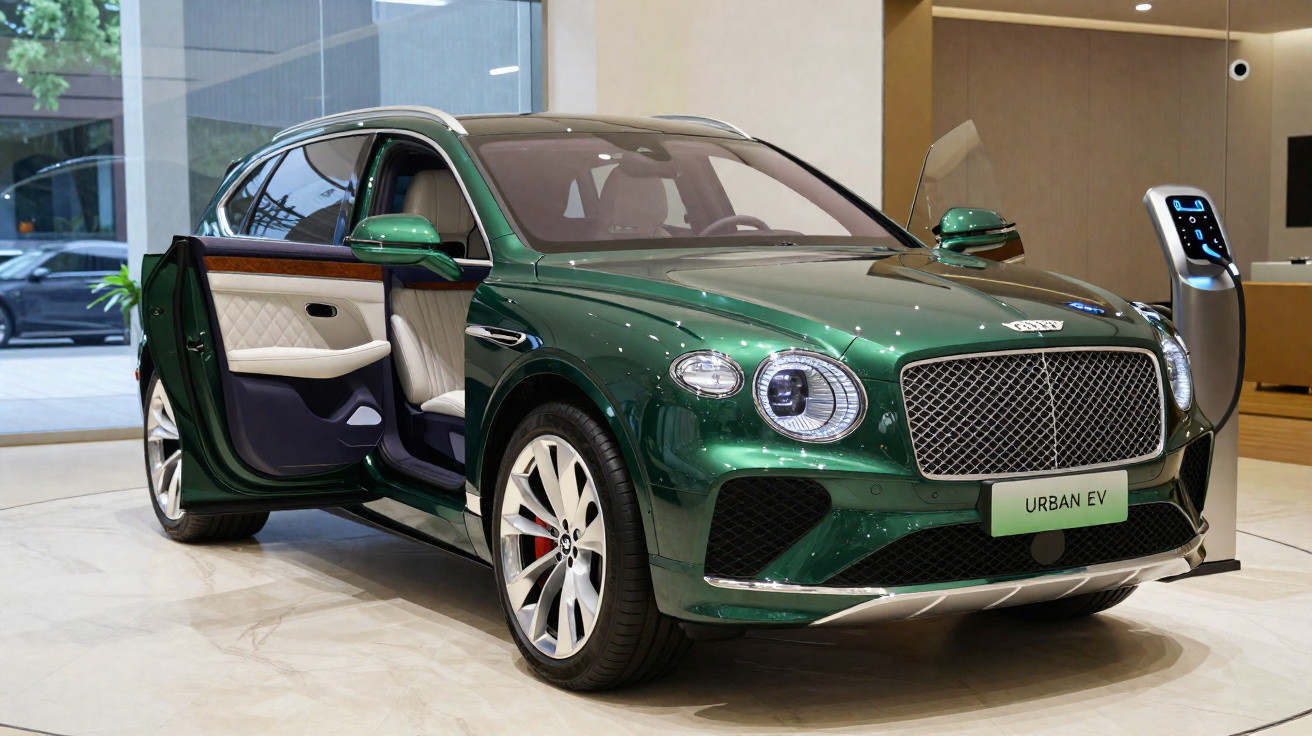 SUV elétrico Bentley Urban EV verde com portas abertas em ambiente interno moderno.