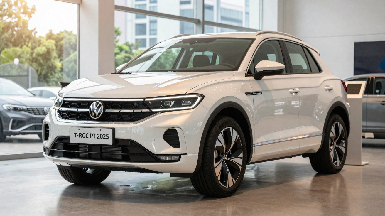 Carro Volkswagen T-Roc branco 2025 em showroom com piso brilhante e janelas grandes.