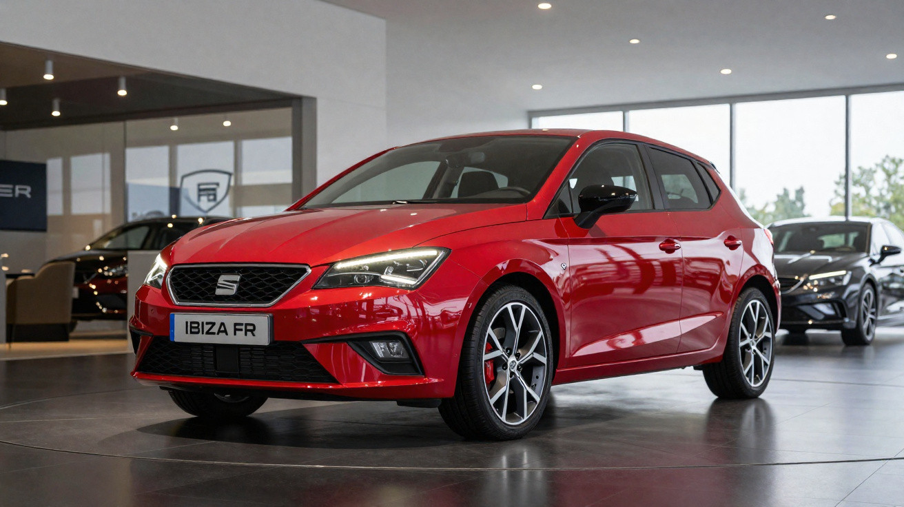 Carro vermelho Seat Ibiza FR em exposição dentro de showroom moderno e iluminado.