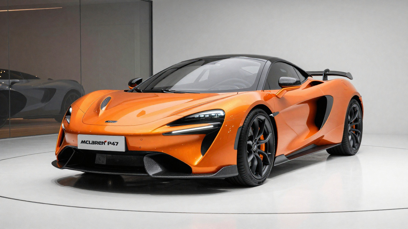 Carro esportivo McLaren P47 laranja com teto preto exibido em ambiente interno branco.