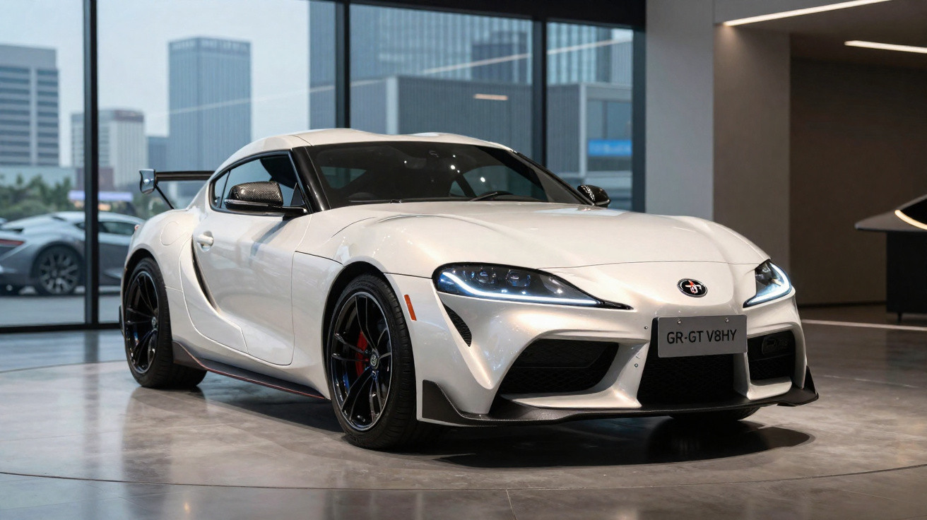 Carro esportivo branco Toyota Supra estacionado em showroom com prédios ao fundo.