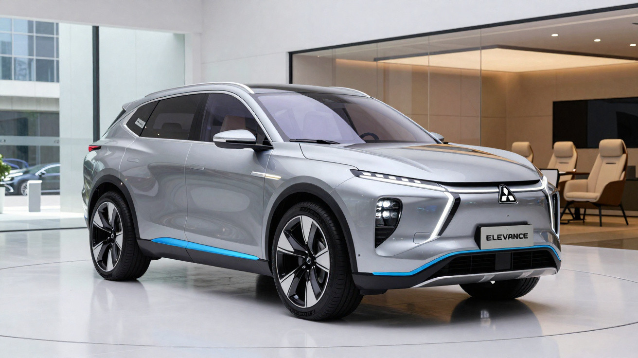 Carro SUV elétrico prata Mitsubishi Elevance exibido em showroom moderno com detalhes azuis nas laterais.