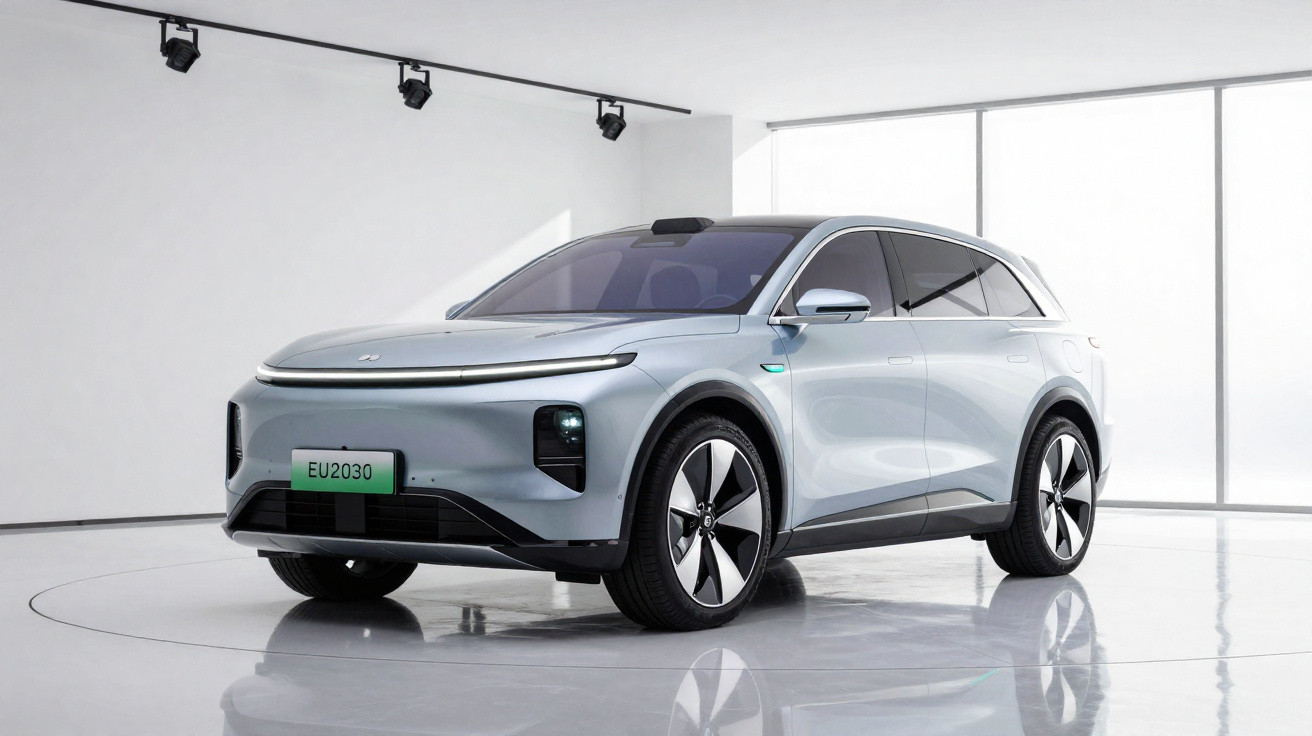 Carro elétrico SUV cinza claro exibido em estúdio com iluminação branca e grande janela ao fundo.