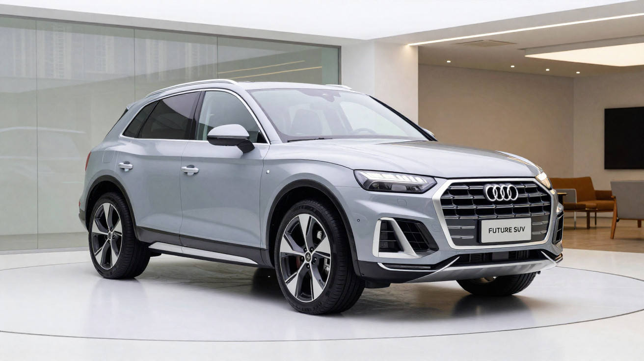 SUV cinza prateado Audi Future em exposição em ambiente interno moderno e iluminado.