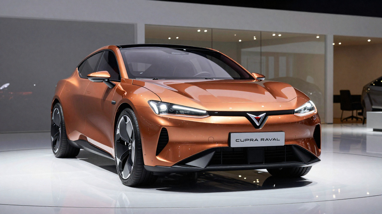 Cupra Raval laranja metálico exibido em ambiente moderno e iluminado, vista frontal esquerda.