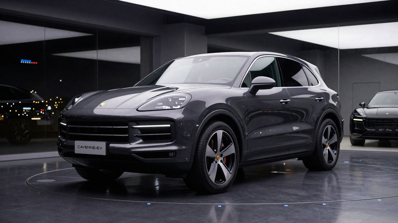 SUV Porsche Cayenne EV cinza exibido em ambiente interno com iluminação suave e parede de espelhos.