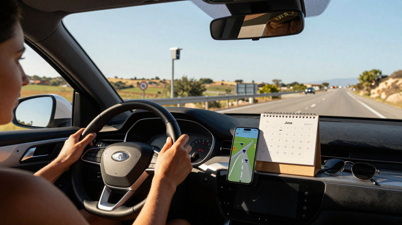 Pessoa dirigindo carro com GPS no celular e calendário de mesa aberto no mês de junho no painel.