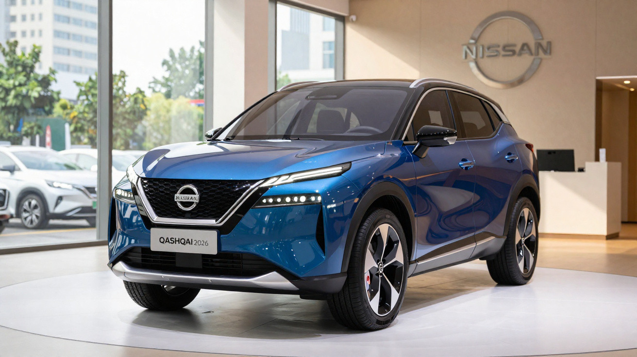 Nissan Qashqai 2026 azul exibido em showroom moderno com logo da Nissan na parede ao fundo.