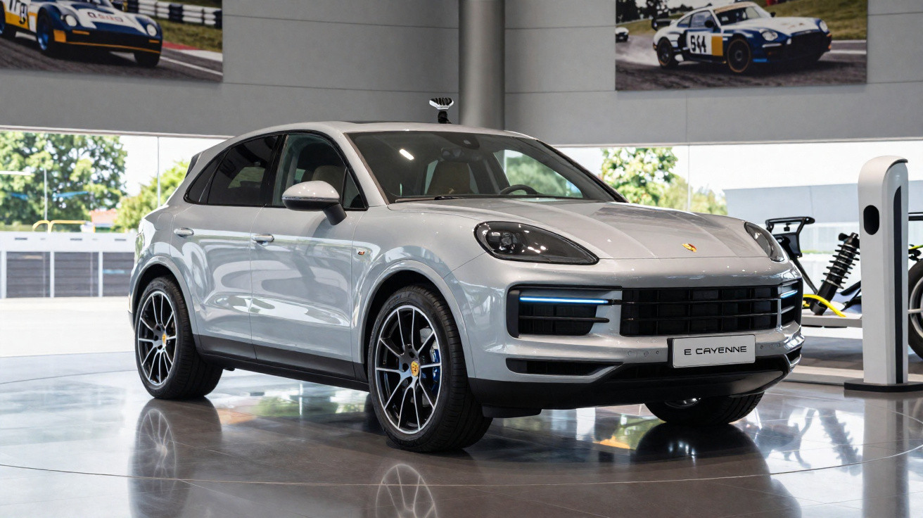 SUV Porsche E Cayenne prata estacionado em showroom moderno com teto alto e parede cinza.