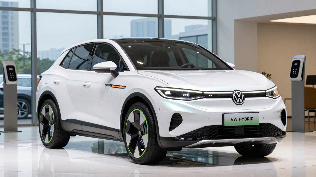 Carro elétrico SUV VW híbrido branco exibido em salão com portas e rodas modernas.