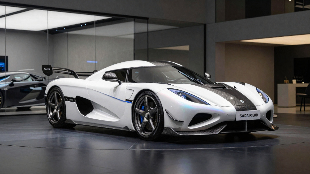 Carro esportivo branco Koenigsegg Agera RS exibido em ambiente interno moderno com piso escuro.