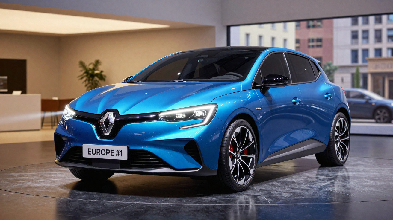 Carro hatchback azul da Renault em exposição interna com placa "EUROPE #1".