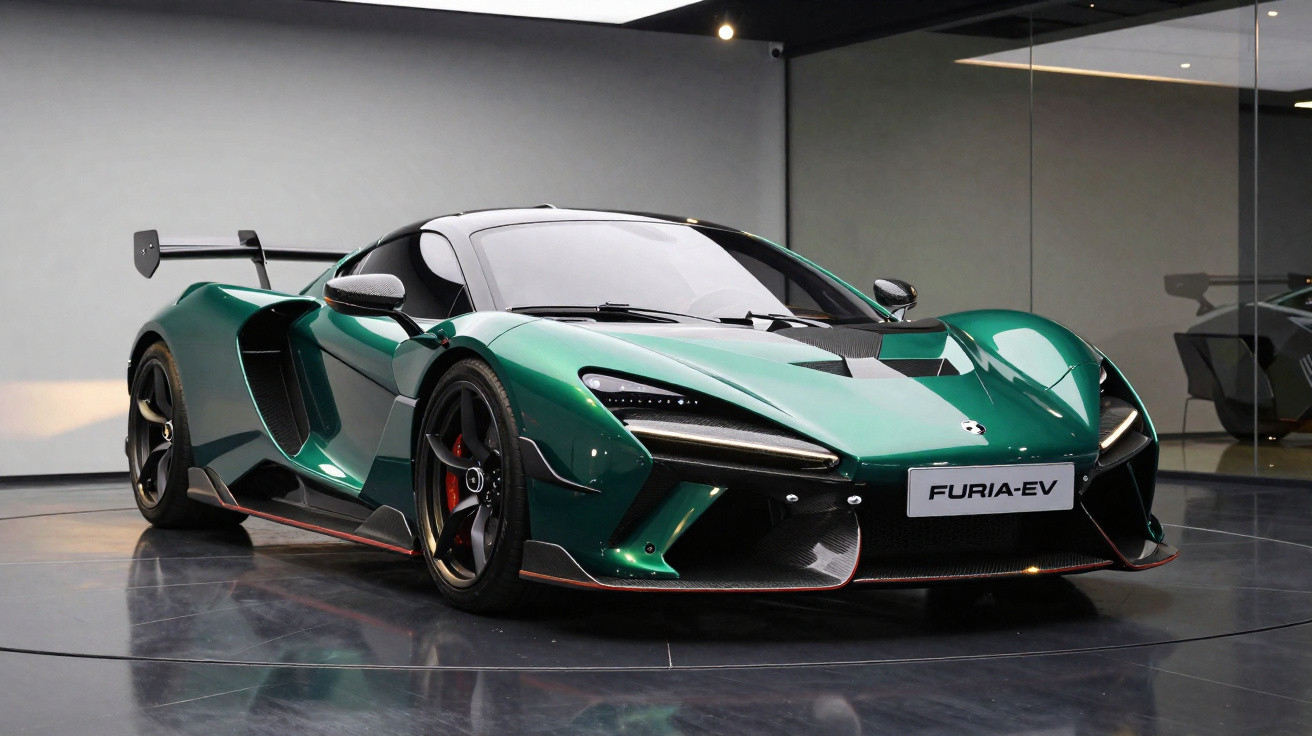 Carro esportivo elétrico verde metálico Furia-EV exibido em showroom moderno com piso refletivo.