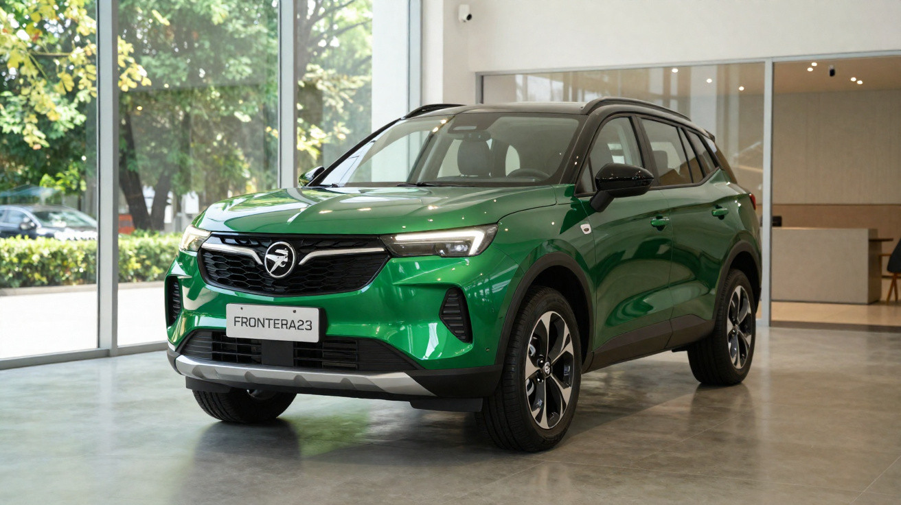 SUV verde Frontera 23 exposto em showroom moderno com paredes de vidro e iluminação natural.