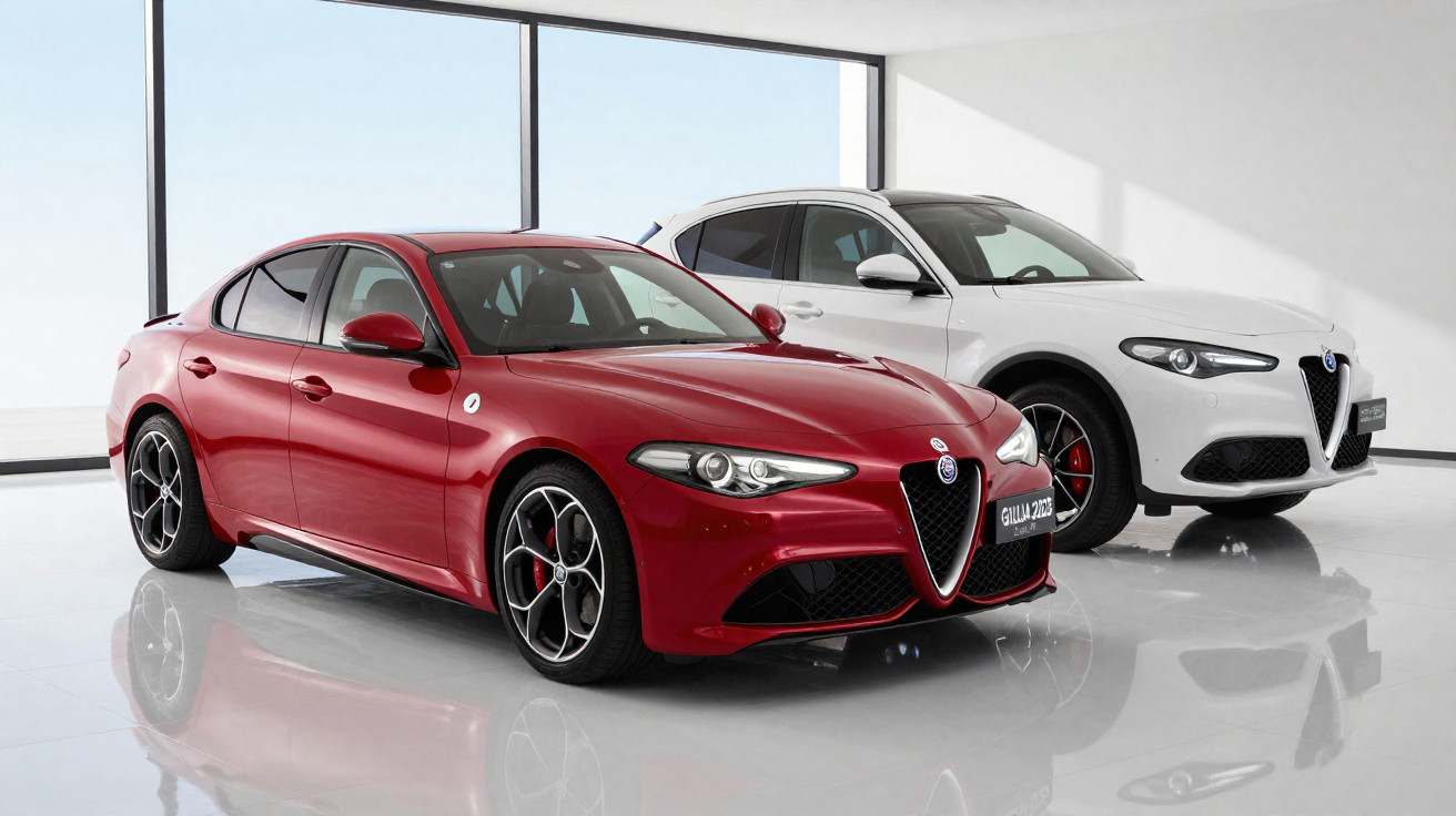 Dois carros Alfa Romeo em garagem branca, sendo um sedã vermelho e um SUV branco.