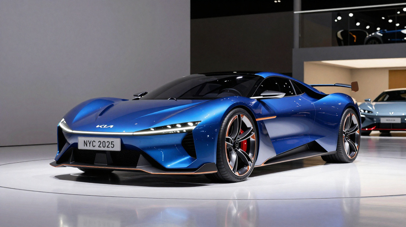 Carro esportivo azul metálico com design aerodinâmico em exposição, placa NYC 2025.
