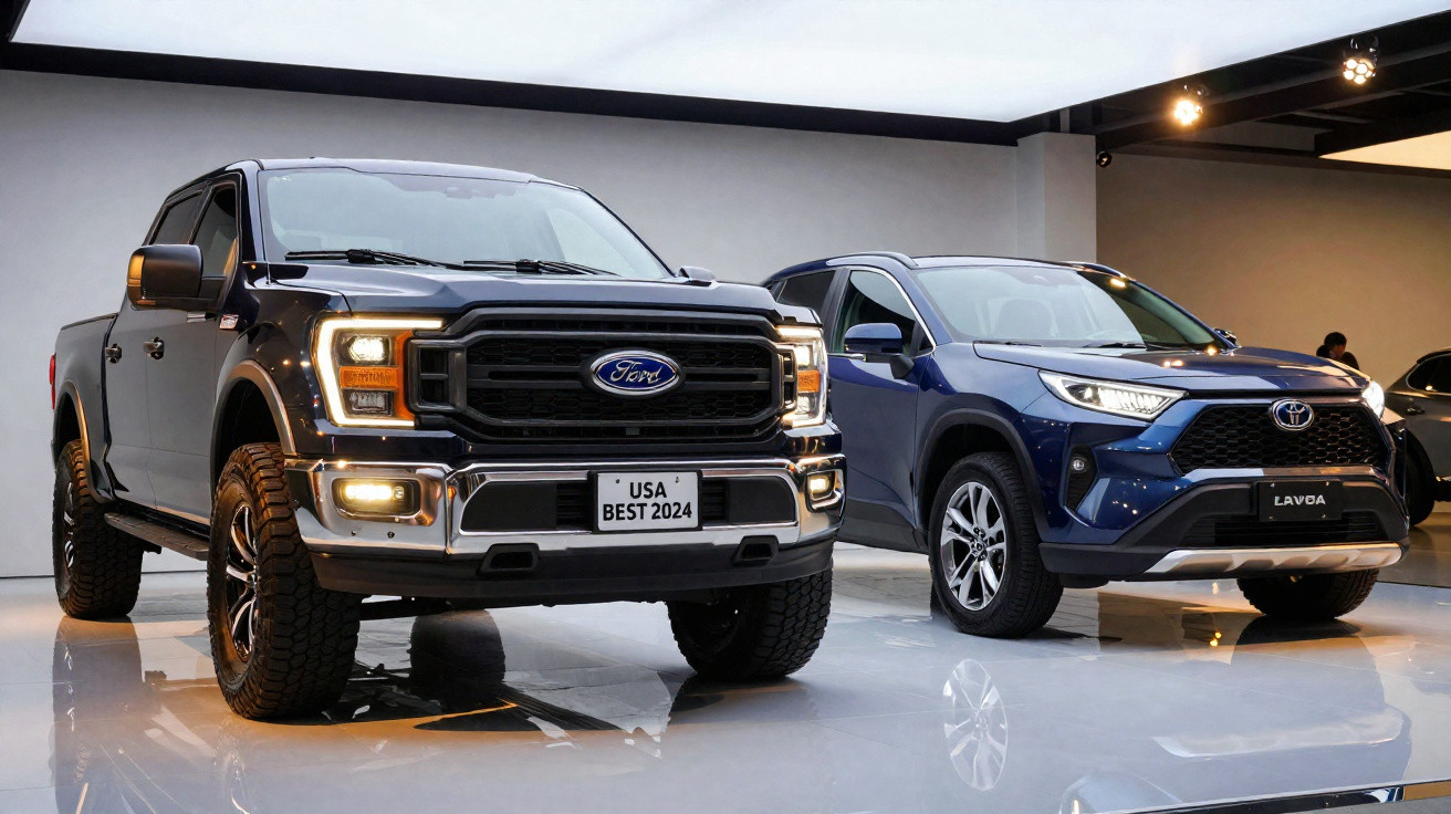 Picape Ford preta e SUV Toyota azul em exposição interna com iluminação branca e refletindo no piso.