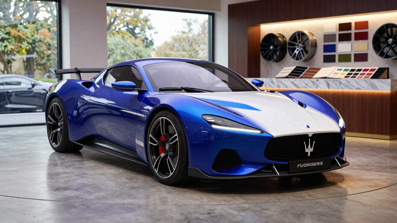 Carro esportivo Maserati azul e branco exibido em showroom com roda e amostras de cor na parede.