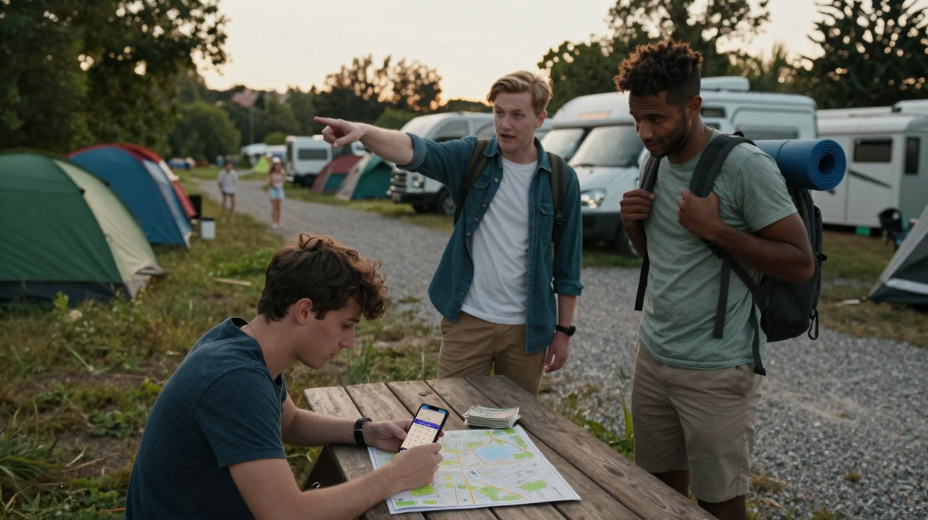 Três jovens planejando rota em mapa e celular, em área de camping com barracas e trailers ao fundo.