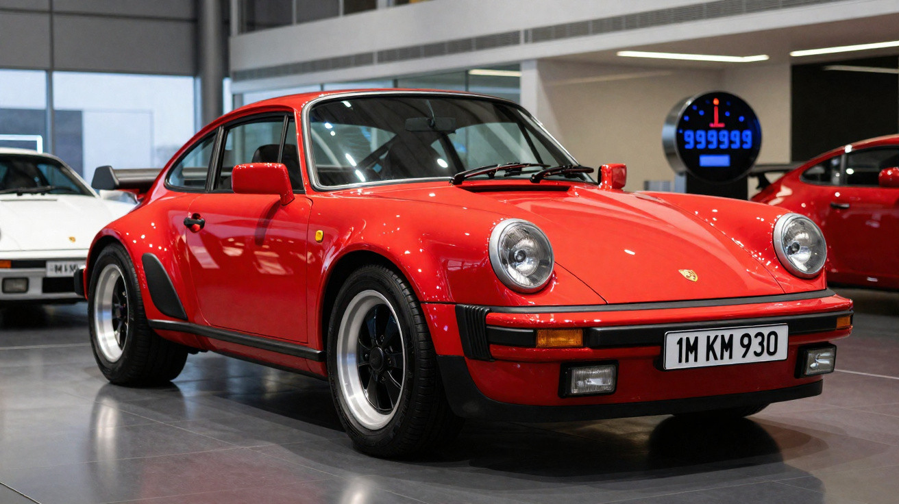 Carro esportivo clássico Porsche 911 vermelho em exposição em ambiente interno moderno.