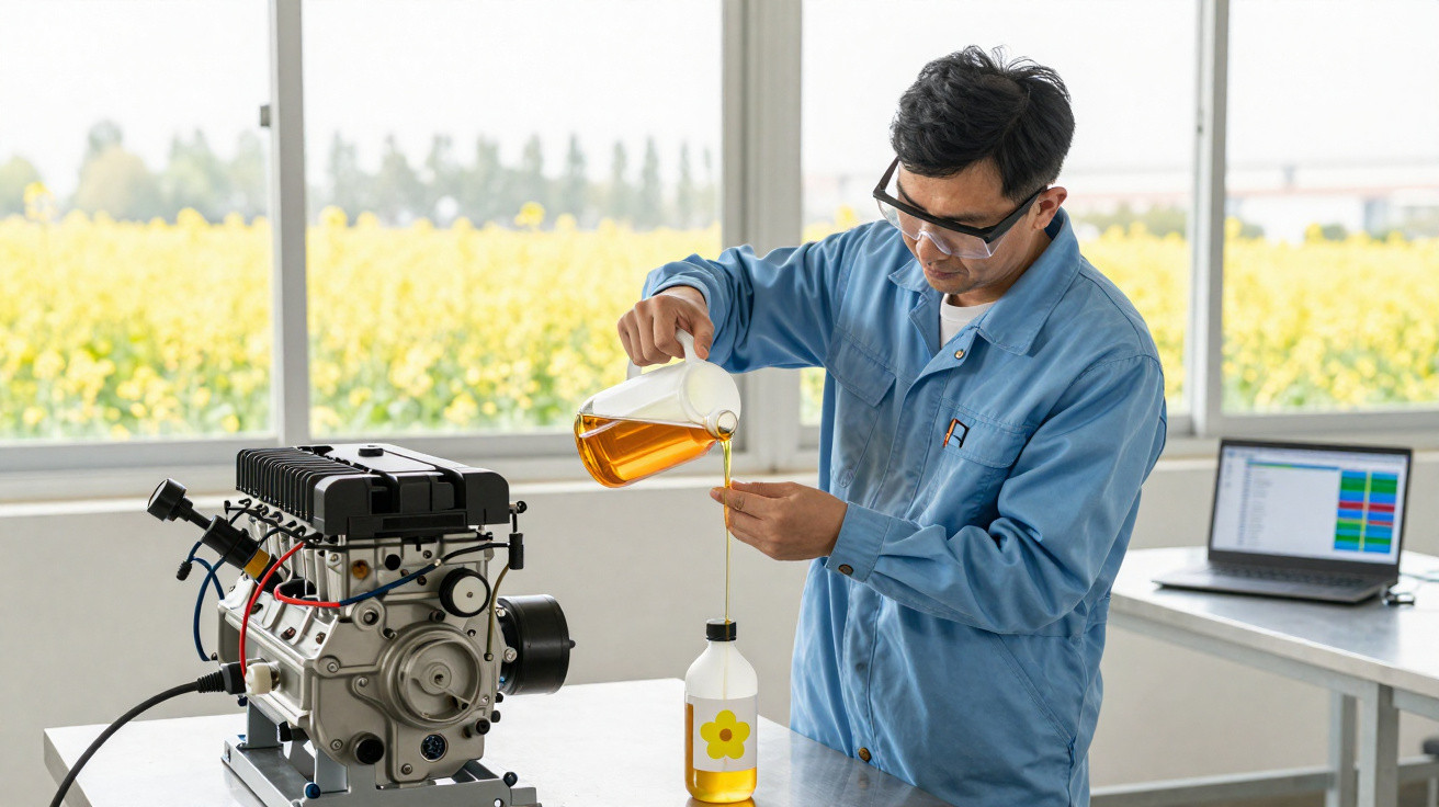 Homem com jaleco e óculos de proteção transfere líquido amarelo para frasco em laboratório com motor e computador.