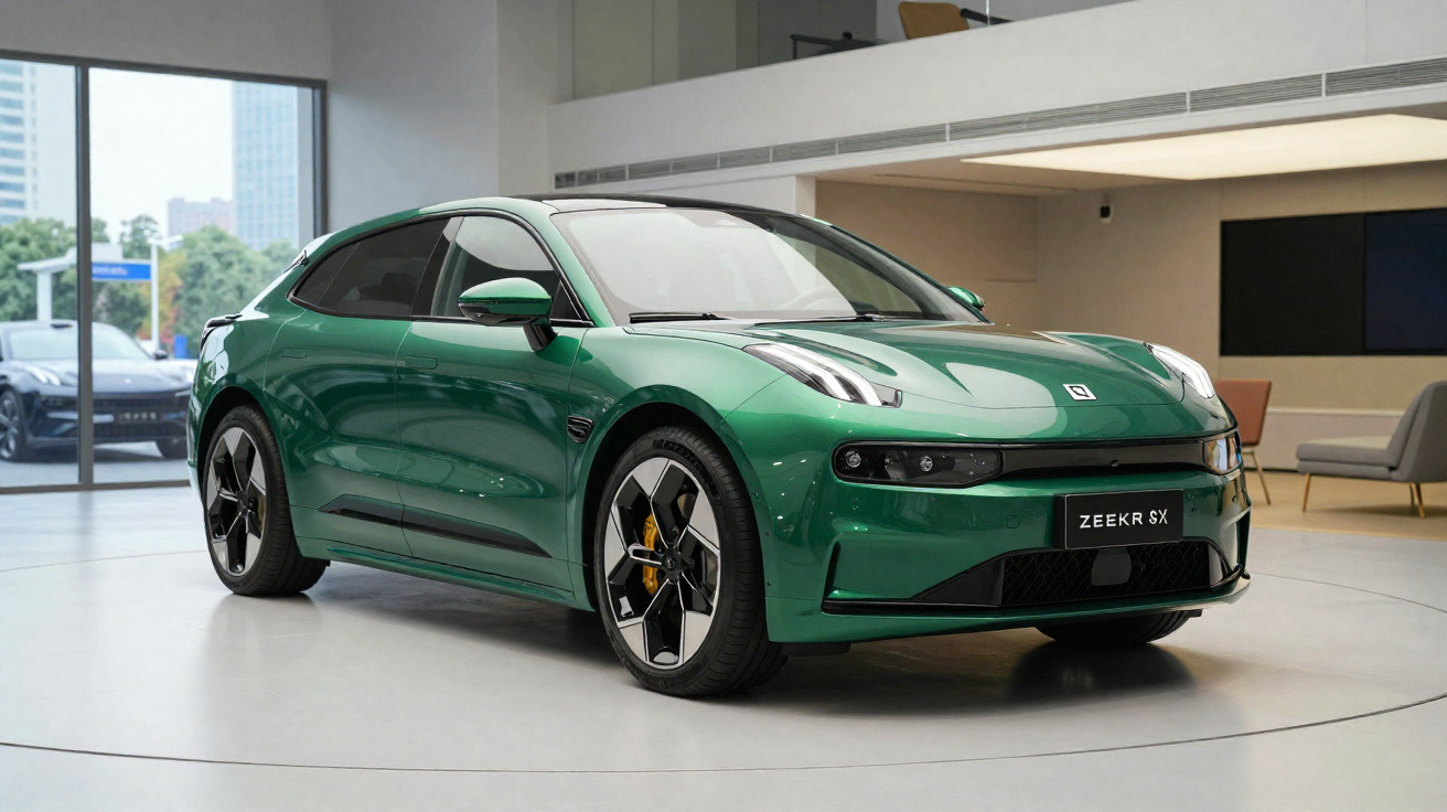 Carro elétrico esportivo Zeekr SX verde exposto em showroom moderno, com grandes janelas ao fundo.