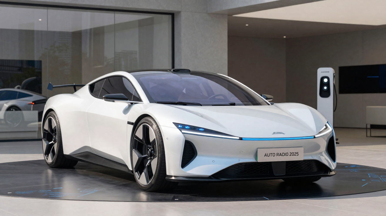 Carro esportivo elétrico branco futurista estacionado em showroom moderno com carregador ao fundo.