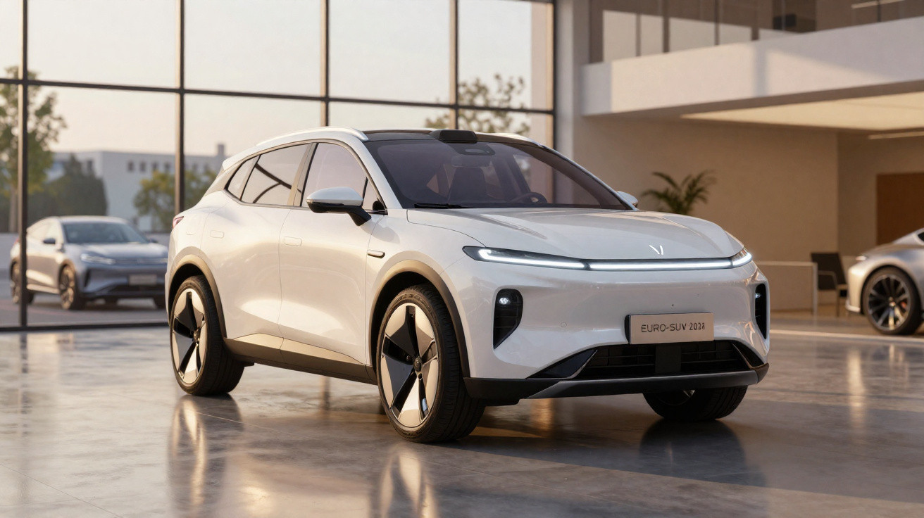 SUV branco elétrico estacionado em showroom moderno com janelas amplas e outros carros ao fundo.