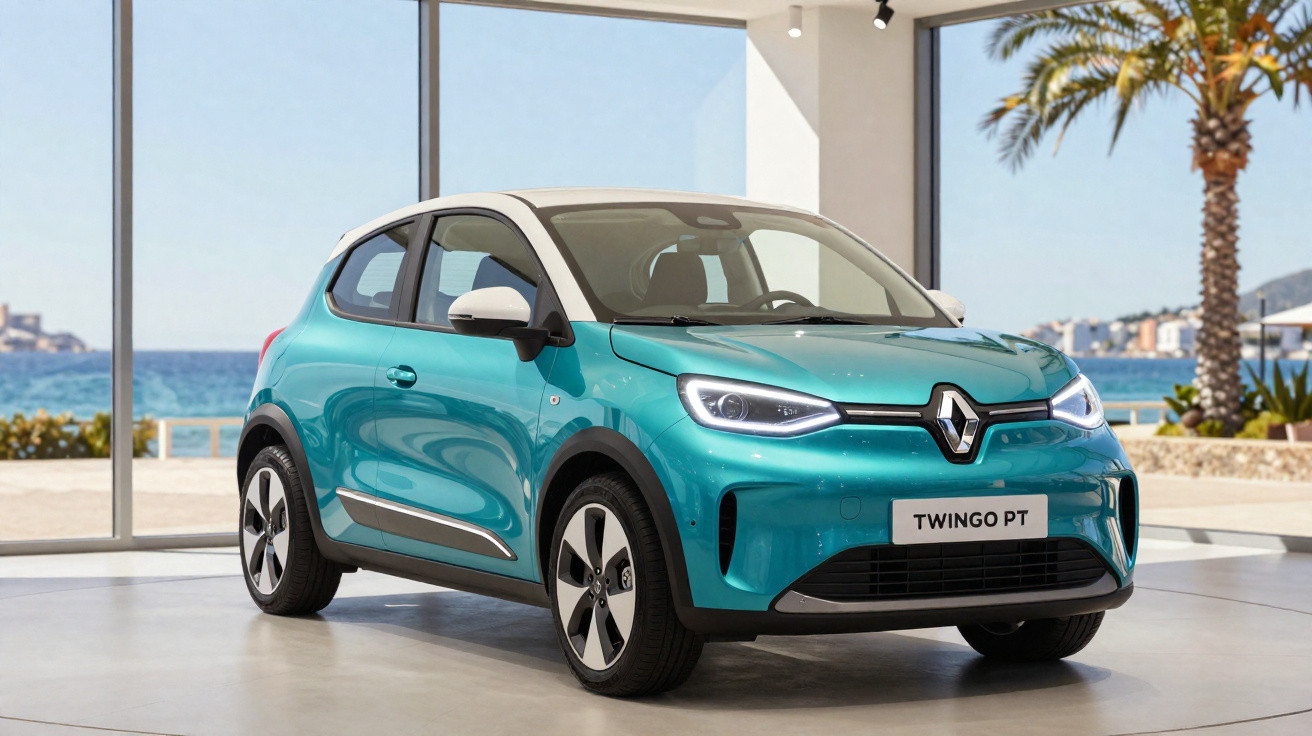 Carro elétrico Renault Twingo PT azul em exposição com vista para o mar e palmeiras ao fundo.