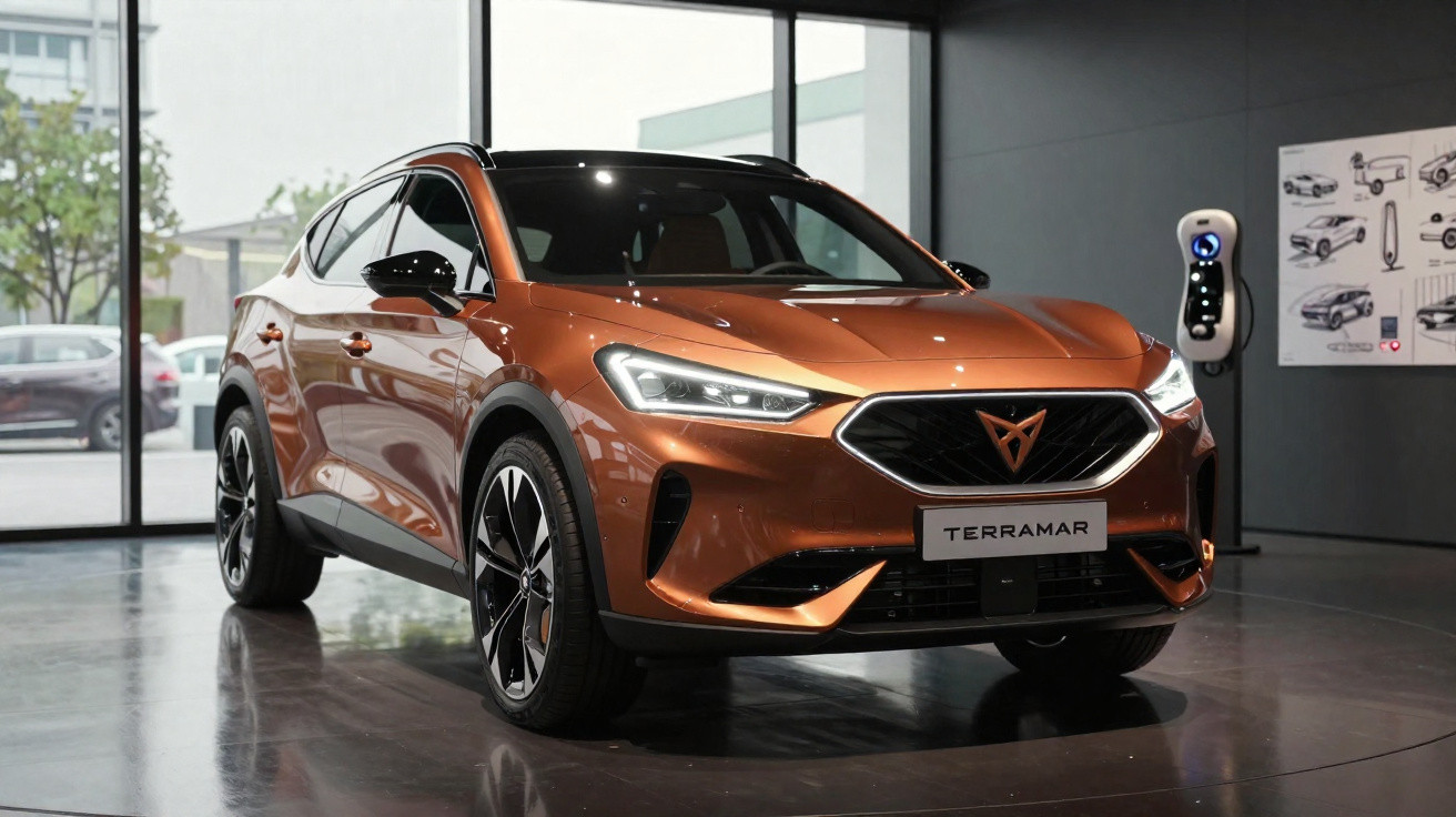 Carro elétrico cupê SUV Terramar laranja em exposição em ambiente interno moderno.