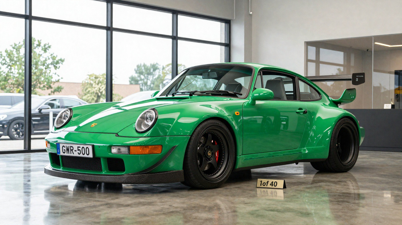 Carro esportivo Porsche clássico verde estacionado em sala fechada, placa GNR-500, edição limitada 1 de 40.