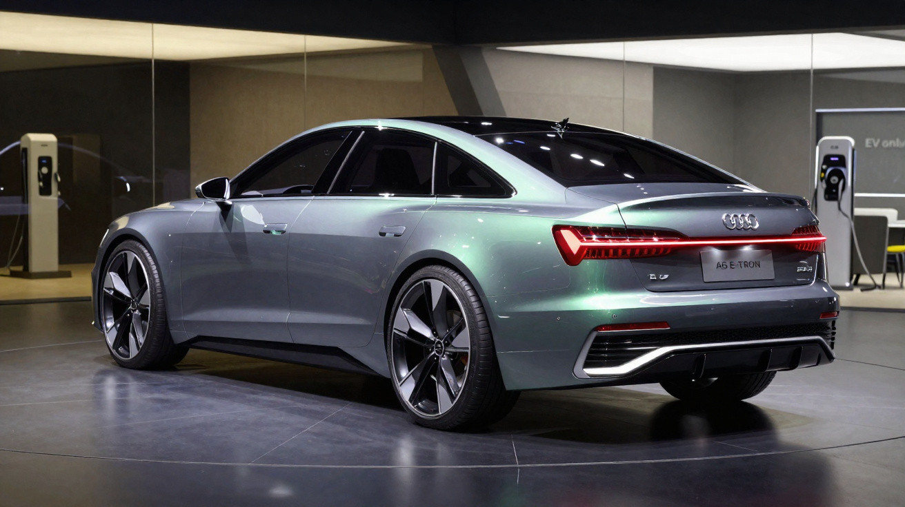 Audi A6 e-tron cinza estacionado em showroom moderno com pontos de recarga ao fundo.