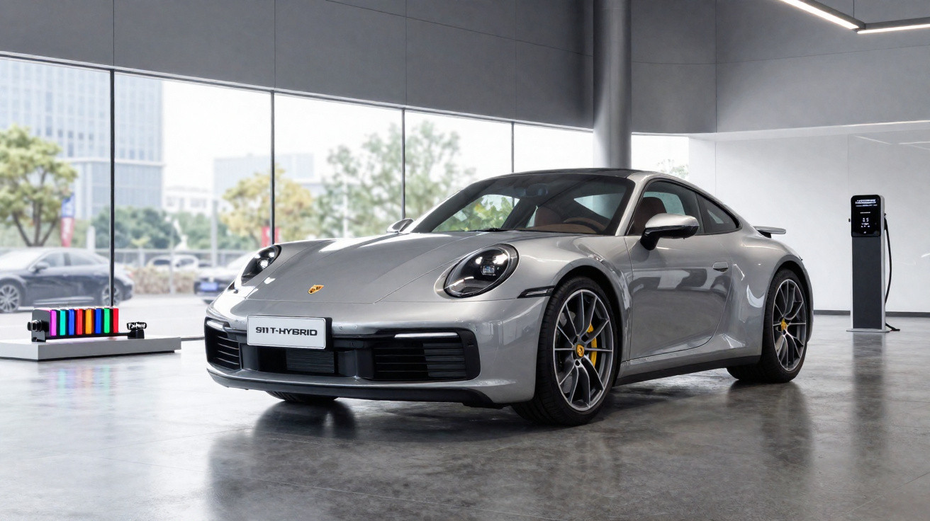 Carro esportivo prata Porsche 911 T-Hybrid estacionado em showroom moderno com piso de concreto.