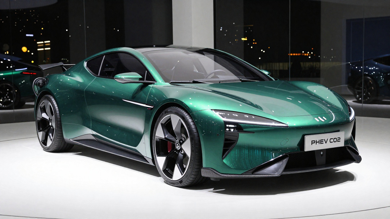 Carro esportivo verde metálico PHEV CO2 em exposição com design aerodinâmico e rodas grandes.