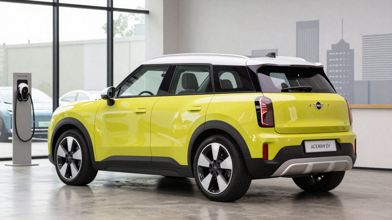 Carro elétrico amarelo e branco estacionado ao lado de carregador em ambiente interno iluminado.