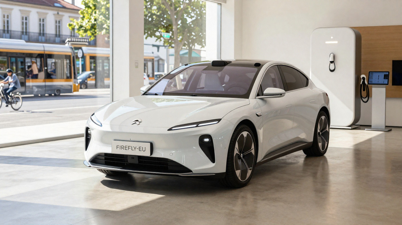 Carro elétrico branco modelo Firefly-EU estacionado em showroom iluminado por luz natural.