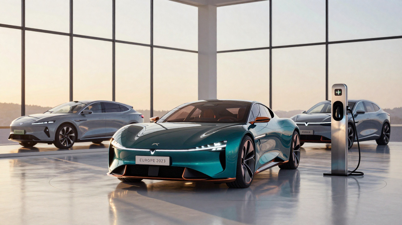 Carros elétricos esportivos Tesla em showroom moderno com estação de carregamento e grandes janelas panorâmicas.