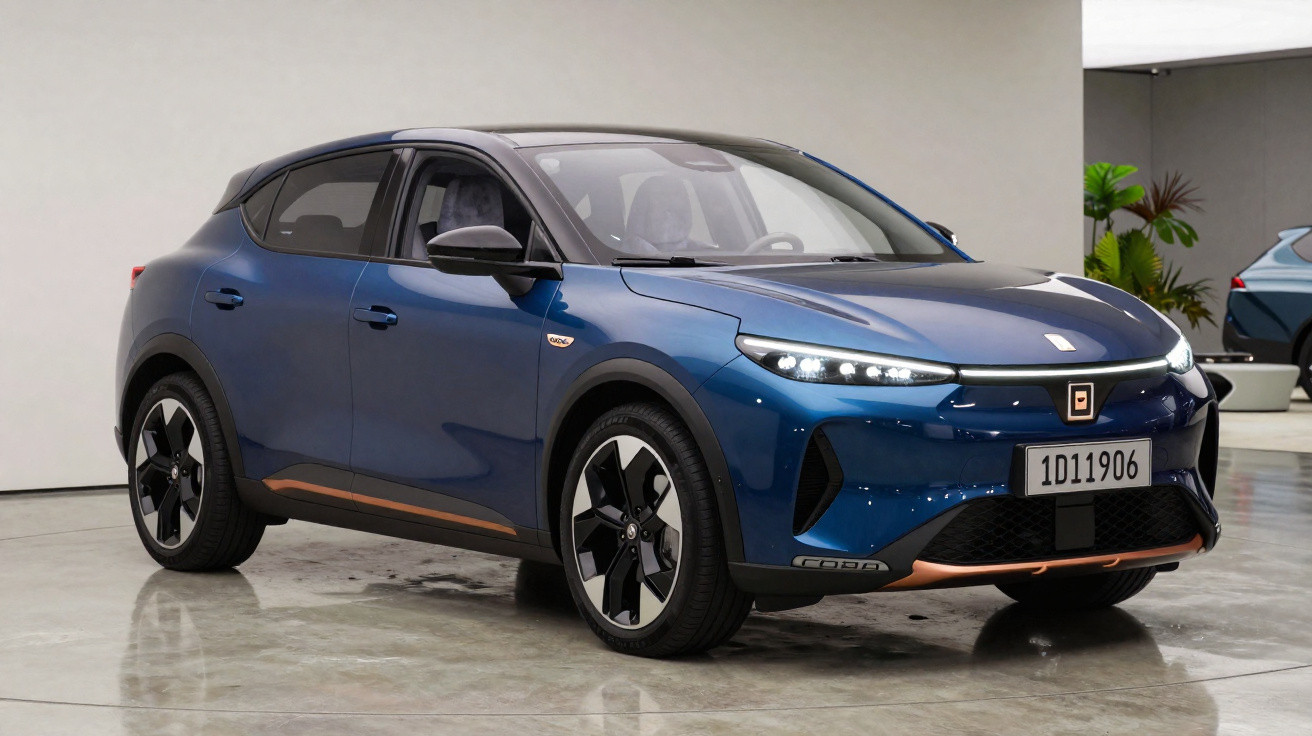 Carro elétrico SUV moderno azul em exposição interna com teto preto e detalhes em cobre.
