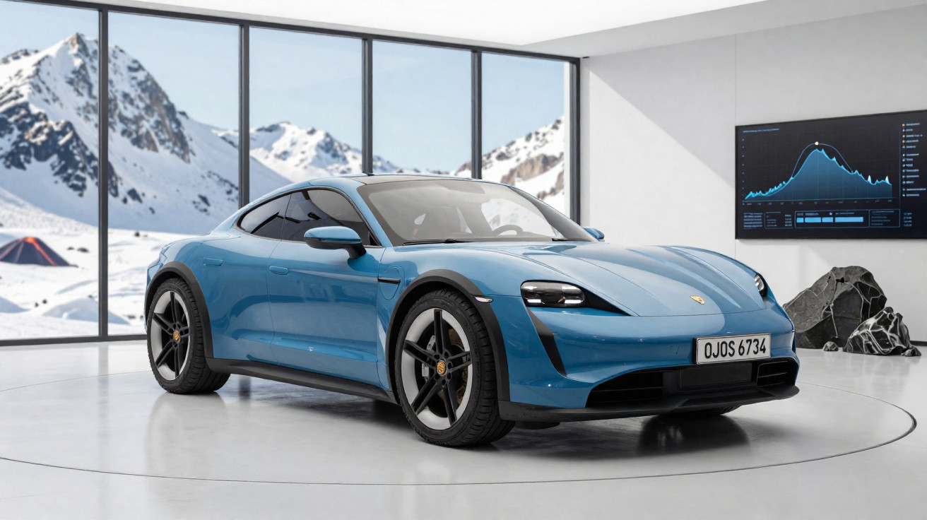Carro esportivo azul exibido em showroom moderno com parede de vidro e montanhas nevadas ao fundo.